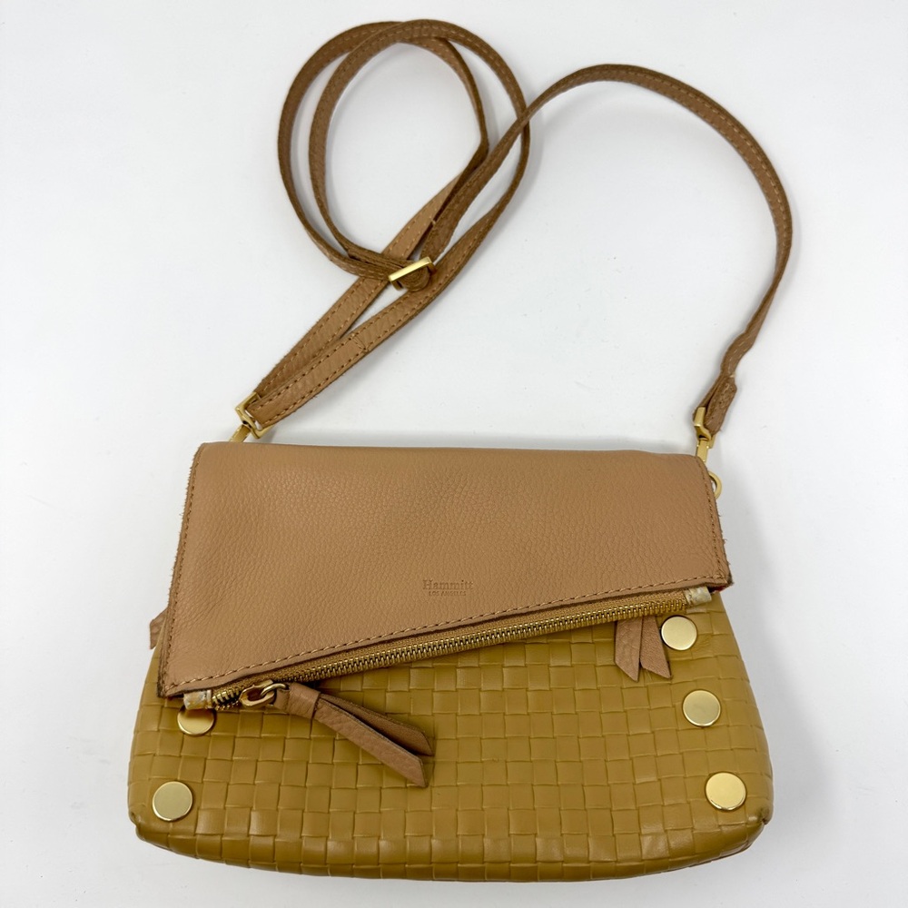 Hammit Dillian Tan Woven Leather Reversible Crossbody Bag